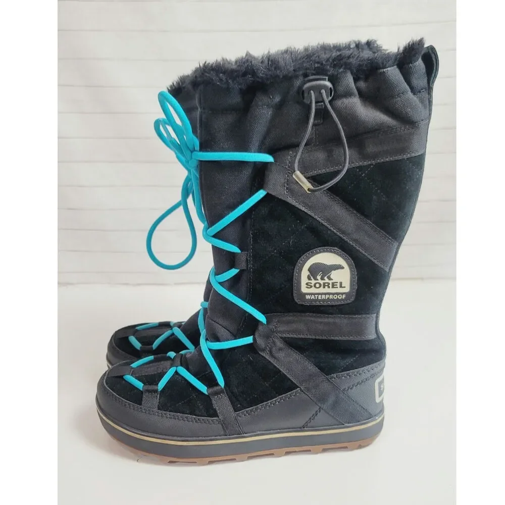 Sorel Glacy Explorer Suede Waterproof Tall Boots in Black, sz 9